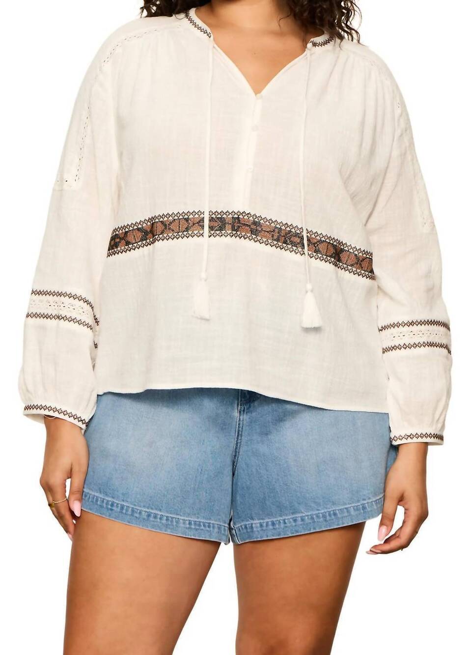 NEW SANCTUARY retreat embroidered detail cotton top in chalk